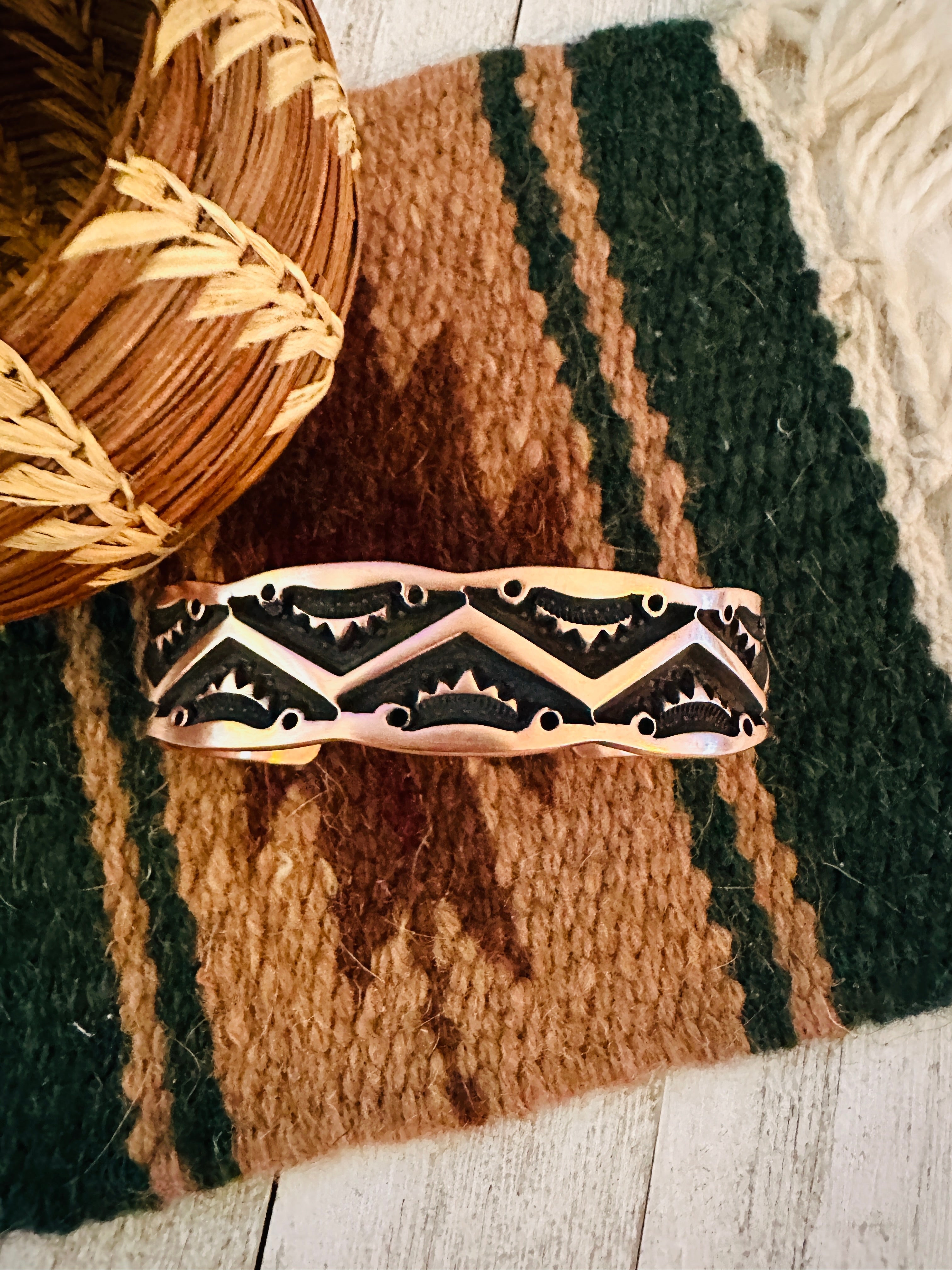 Navajo Hand Stamped Copper Cuff Bracelet Signed - Everest Ranch