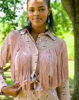 MASON by MASON'S DAUGHTER | Loretta Western Fringe Top, Oyster Printed Silk Crepe de Chine