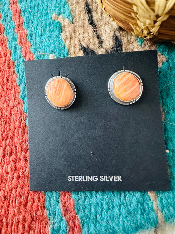 Navajo Sterling Silver & Orange Spiny Stud Earrings