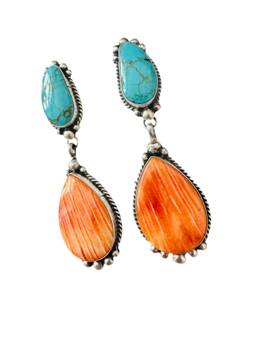 Navajo Orange Spiny, Turquoise and Sterling Silver Dangle Earrings