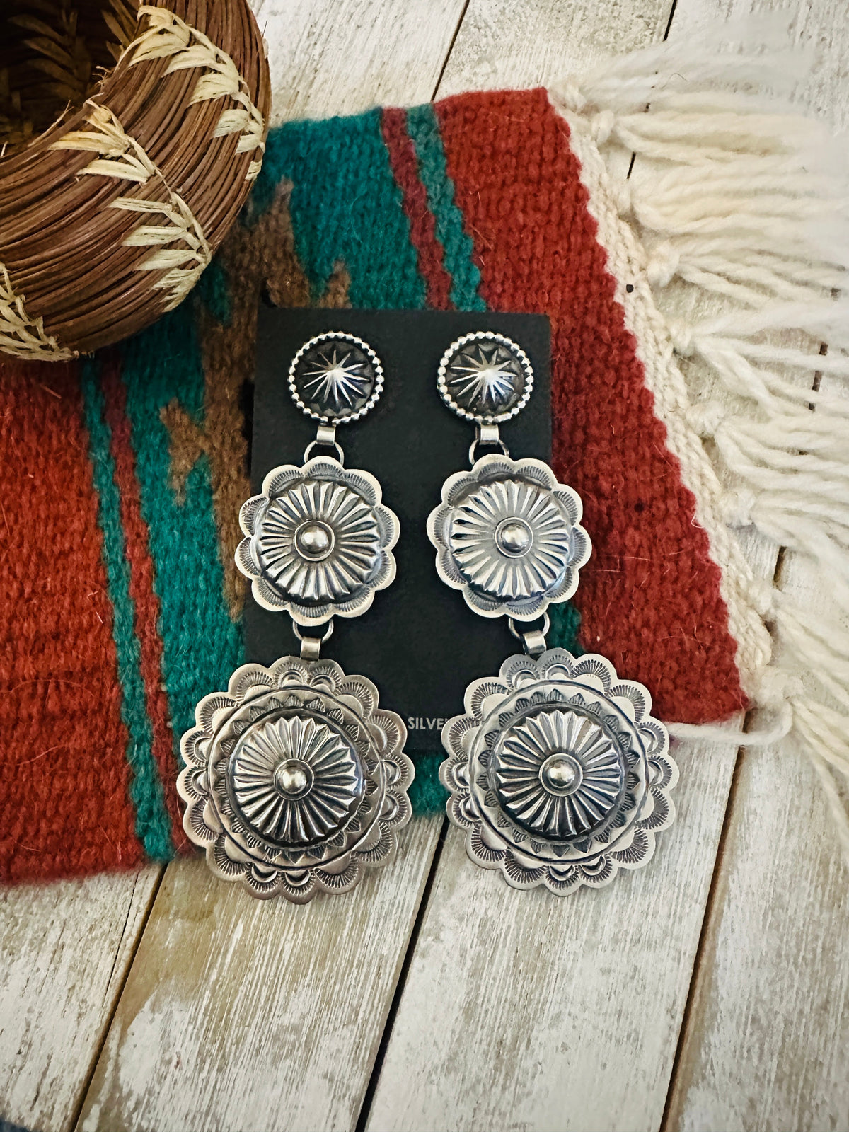 Navajo Hand Stamped Sterling Silver Concho Dangle Earrings by Hemerson Brown