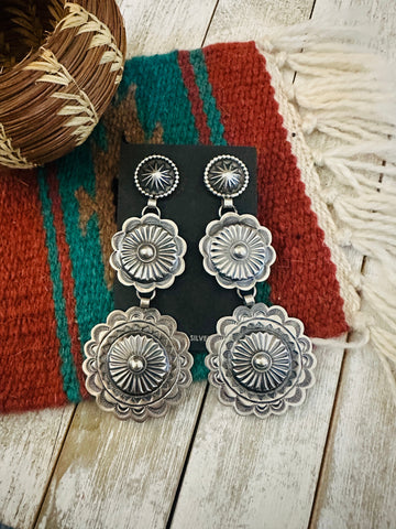 Navajo Hand-Stamped Sterling Silver Concho Dangle Earrings