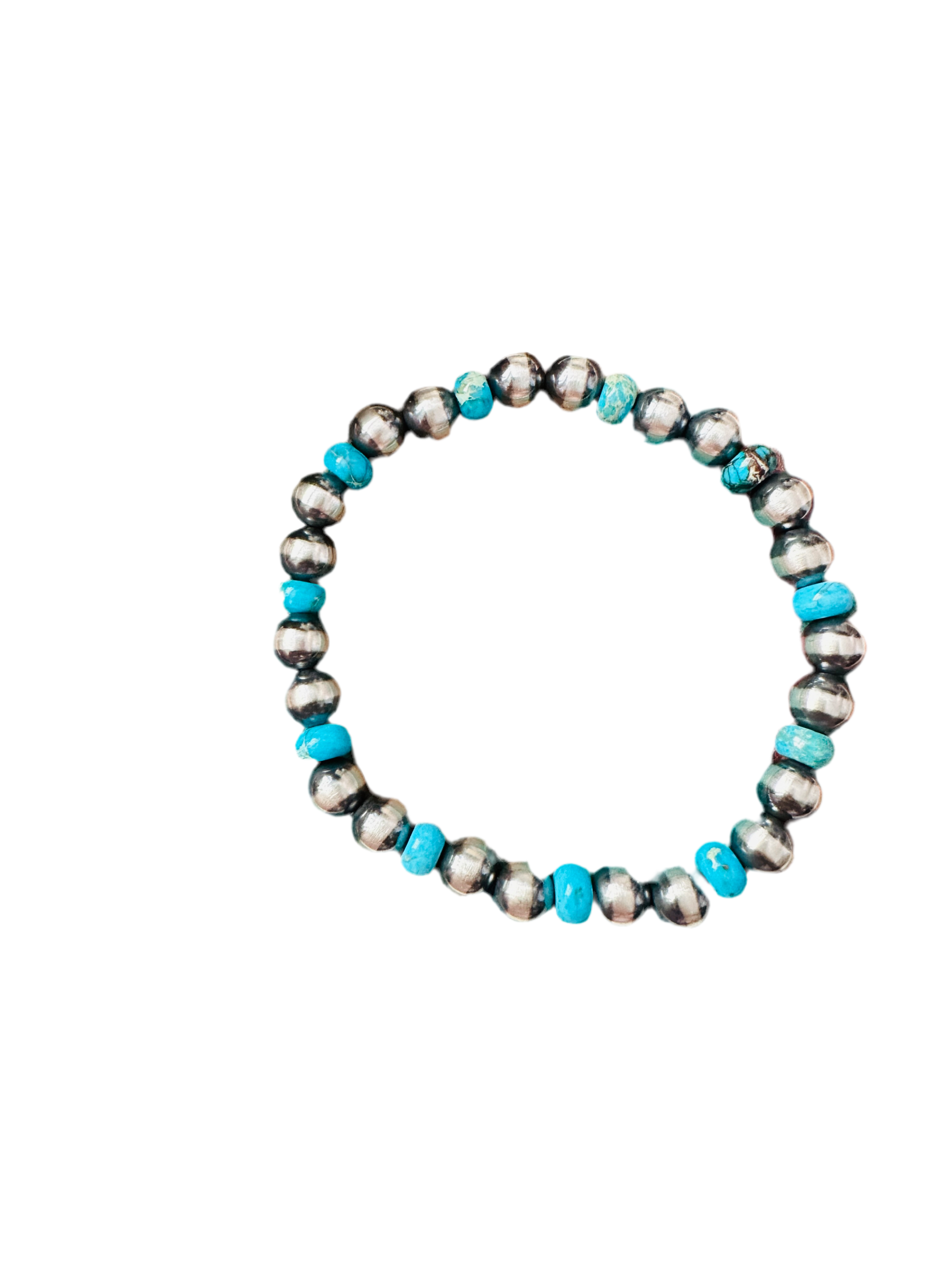 Navajo Turquoise & Sterling Silver Pearl Beaded Stretch Bracelet