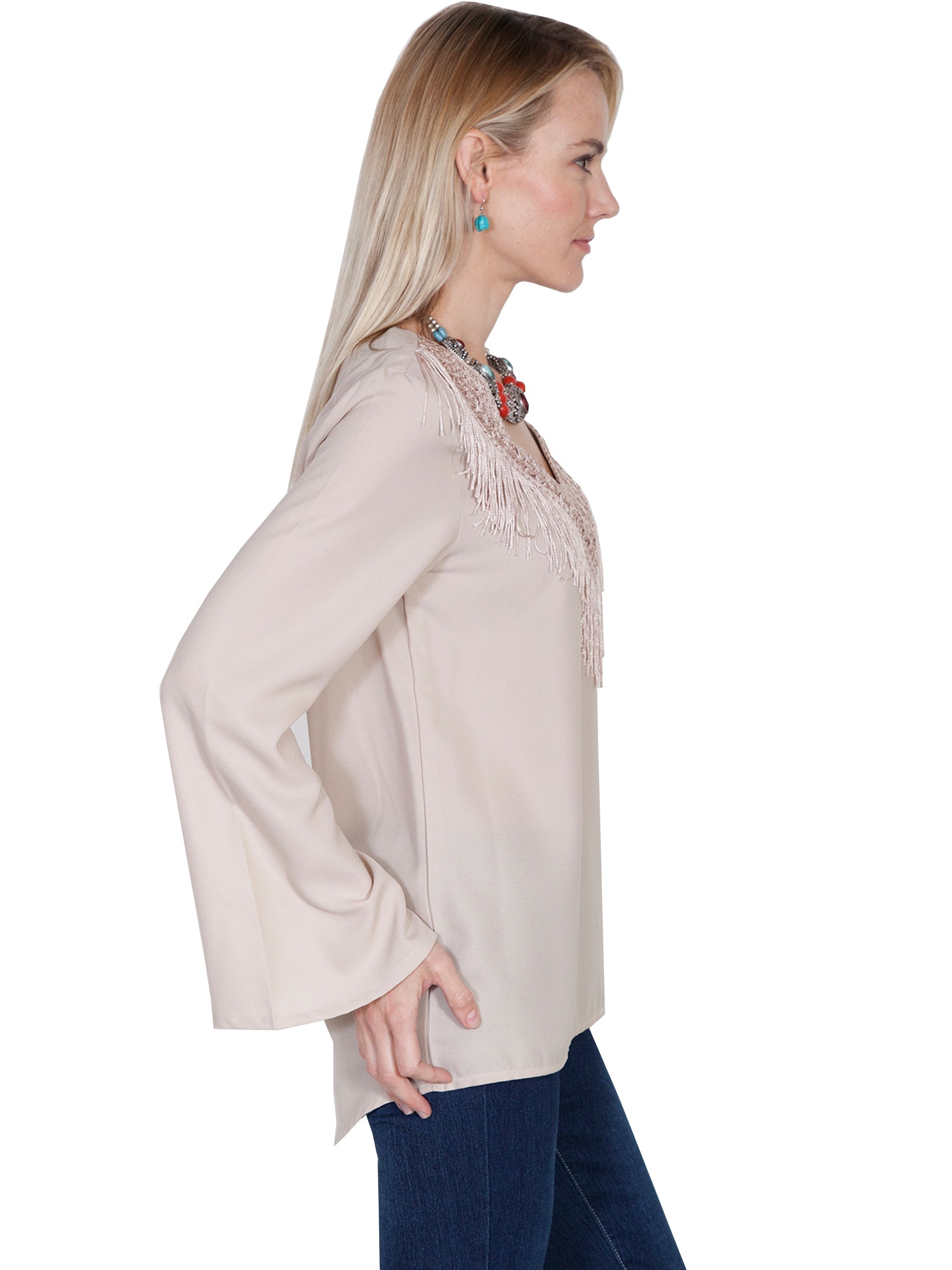 V-neck Blouse W/fringe &amp; Bellsleeves - E250