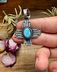 Zia Symbol Pendant with Golden Hill Turquoise – Sterling Silver – Native Made by KB