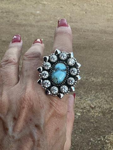 Handmade Golden Hills Turquoise, CZ & Sterling Silver Adjustable Ring Signed Nizhoni