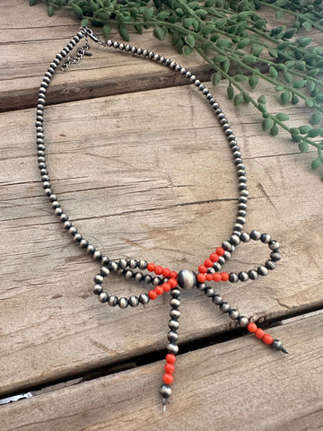 Handmade Sterling Silver Coral & Pearl Bow Tie Necklace | Unique Gift