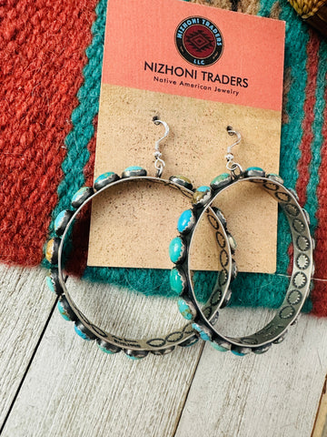 Navajo Turquoise & Sterling Silver Dangle Hoop Earrings by Leroy James