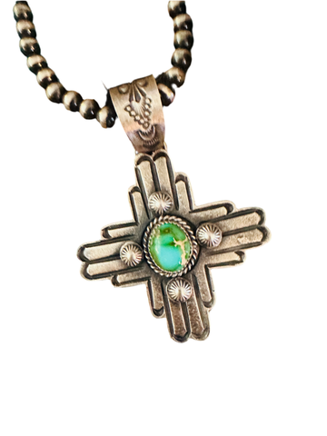 Navajo Sterling Silver Sonoran Gold Turquoise Cross Pendant-Kevin Billah