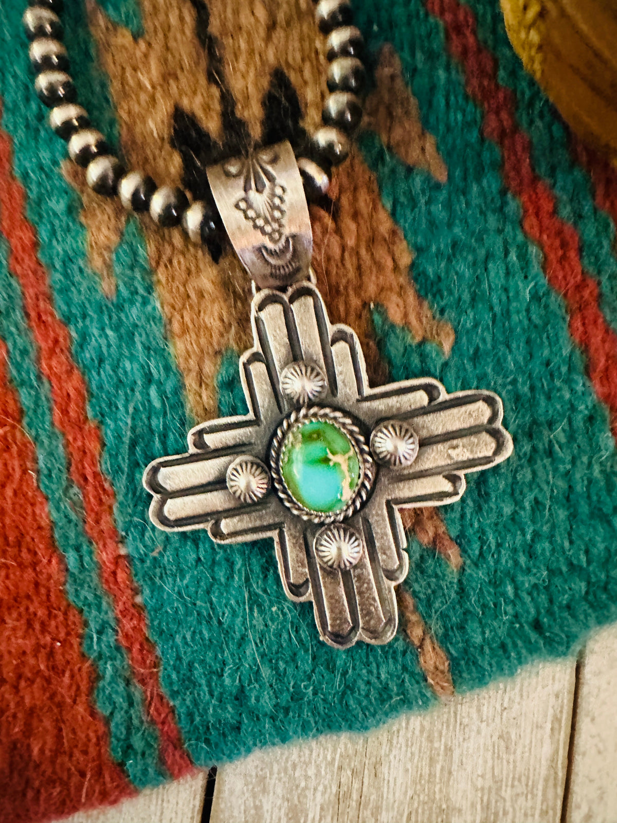 Navajo Sterling Silver Sonoran Gold Turquoise Cross Pendant-Kevin Billah