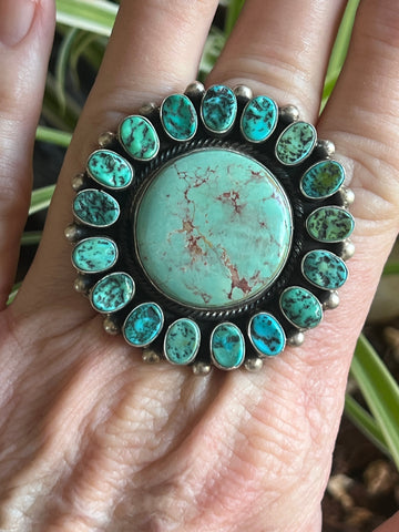 Navajo Sterling Silver Around The World Kingman Cluster Ring by B Yellowhorse, Size 7.5