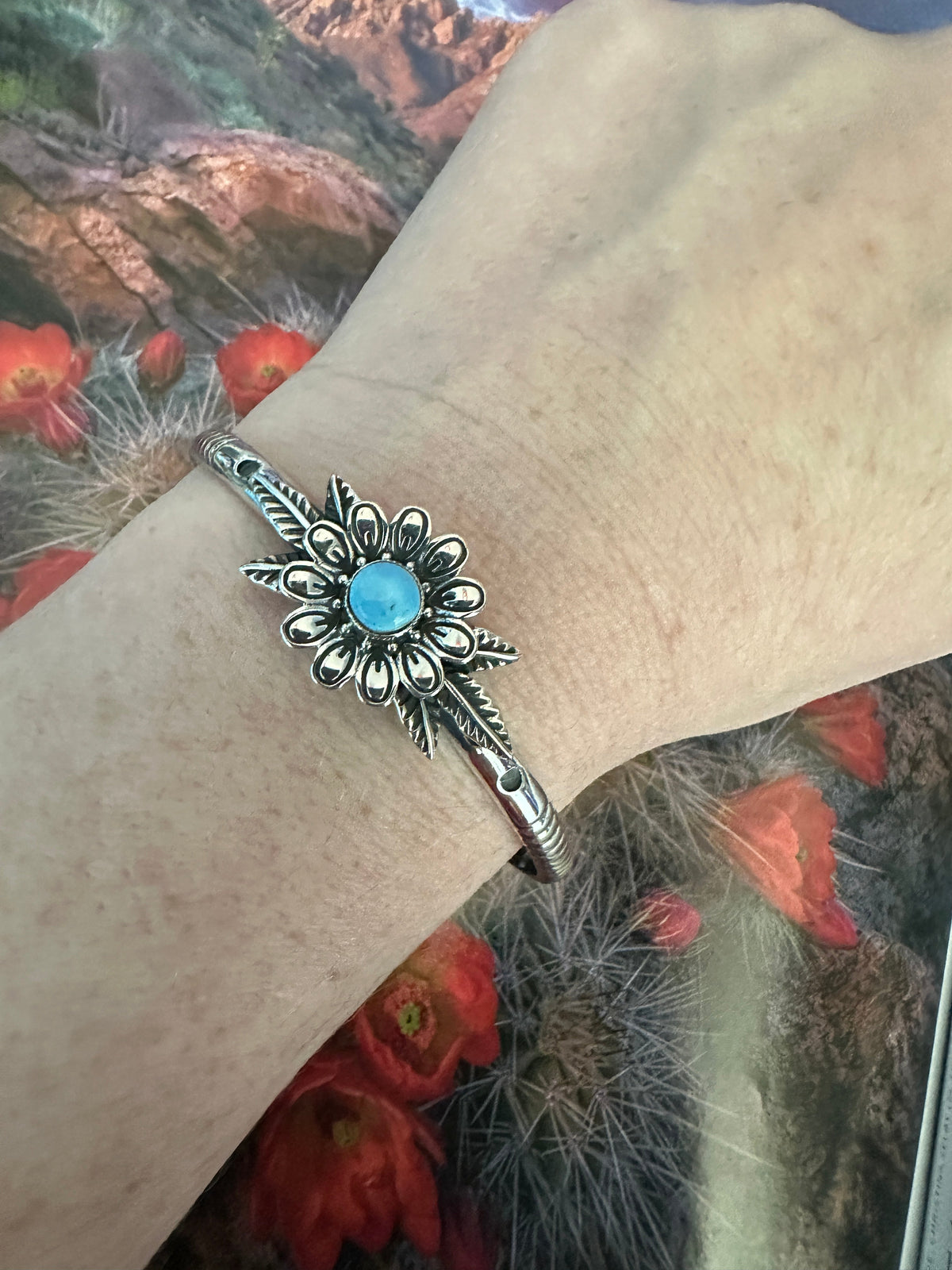 Handmade Flower Golden Hills Turquoise & Sterling Silver Cuff Bracelet