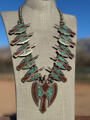 Estate Collection Old Pawn Navajo Turquoise & Coral Sterling Silver Chip Inlay Thunderbird Squash Blossom Necklace