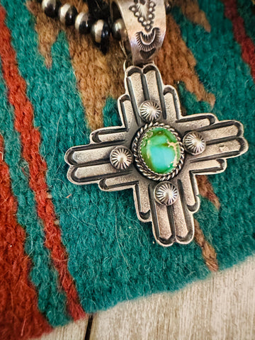 Navajo Sterling Silver Sonoran Gold Turquoise Cross Pendant-Kevin Billah