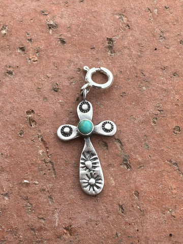 Sterling Silver and  Petit Point Turquoise Hand Stamped Cross Charm