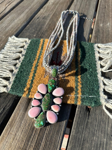 Beautiful Navajo Sterling Silver, Pink Conch & Sonoran Turquoise Beaded Necklace With Pendant Signed P Yazzie