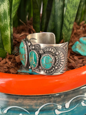 Navajo Sterling Silver and Royston Turquoise Cuff Bracelet by Roland Dixson