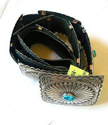 Vintage Navajo Black Leather And Sterling Silver Turquoise Concho Belt