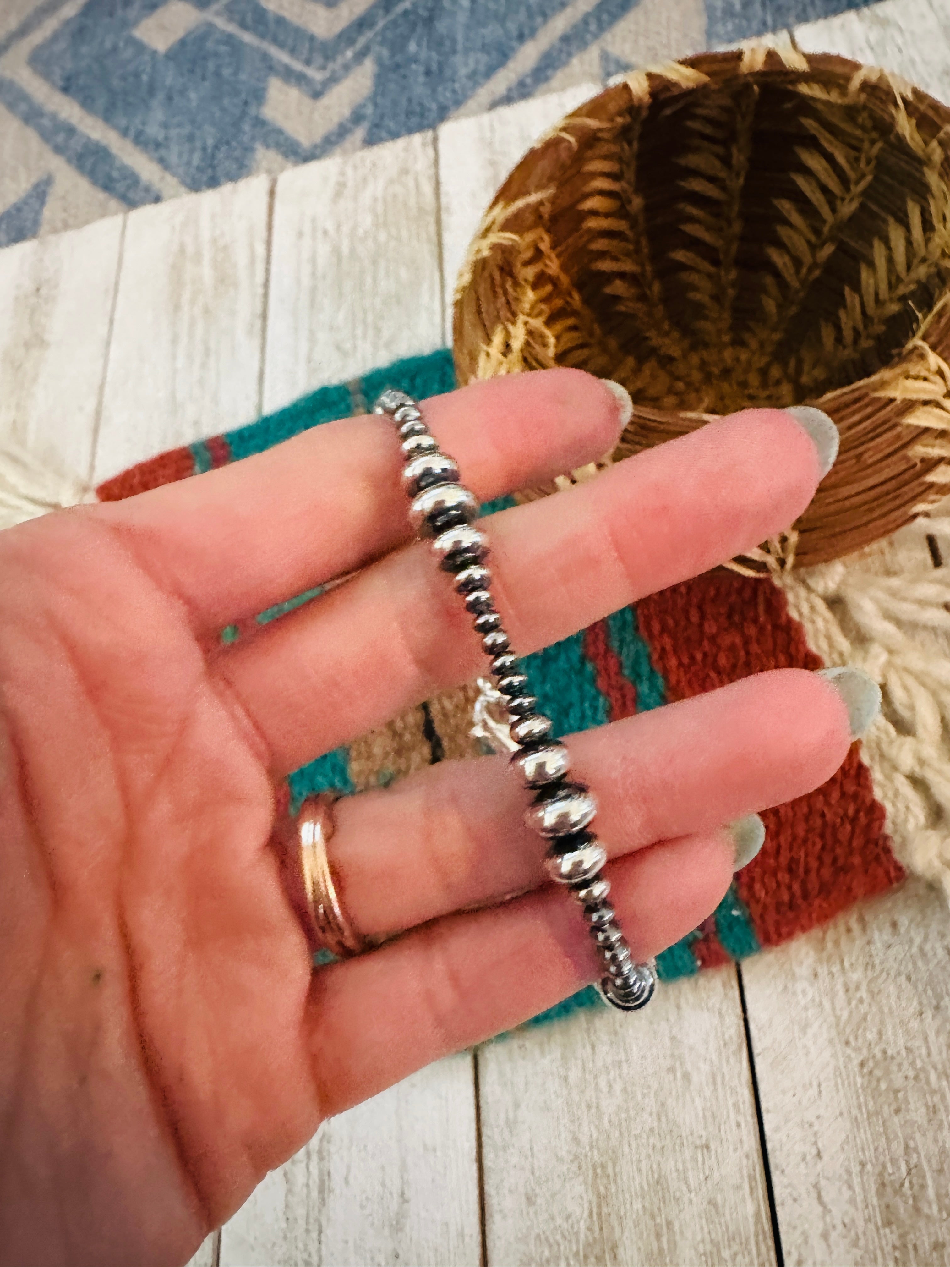 Navajo Sterling Silver Pearl Beaded Bracelet 7.5”