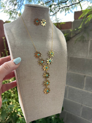 "Summer Flower Turquoise & Gold Lariat Necklace & Earring Set"