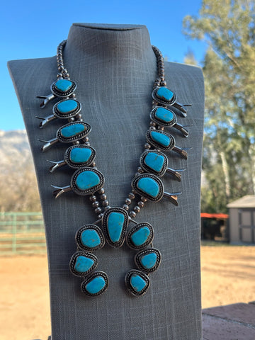 Estate Collection Old Pawn Navajo Turquoise & Sterling Silver Squash Blossom Necklace