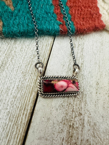 Navajo Rose Dahlia & Sterling Silver Bar Necklace