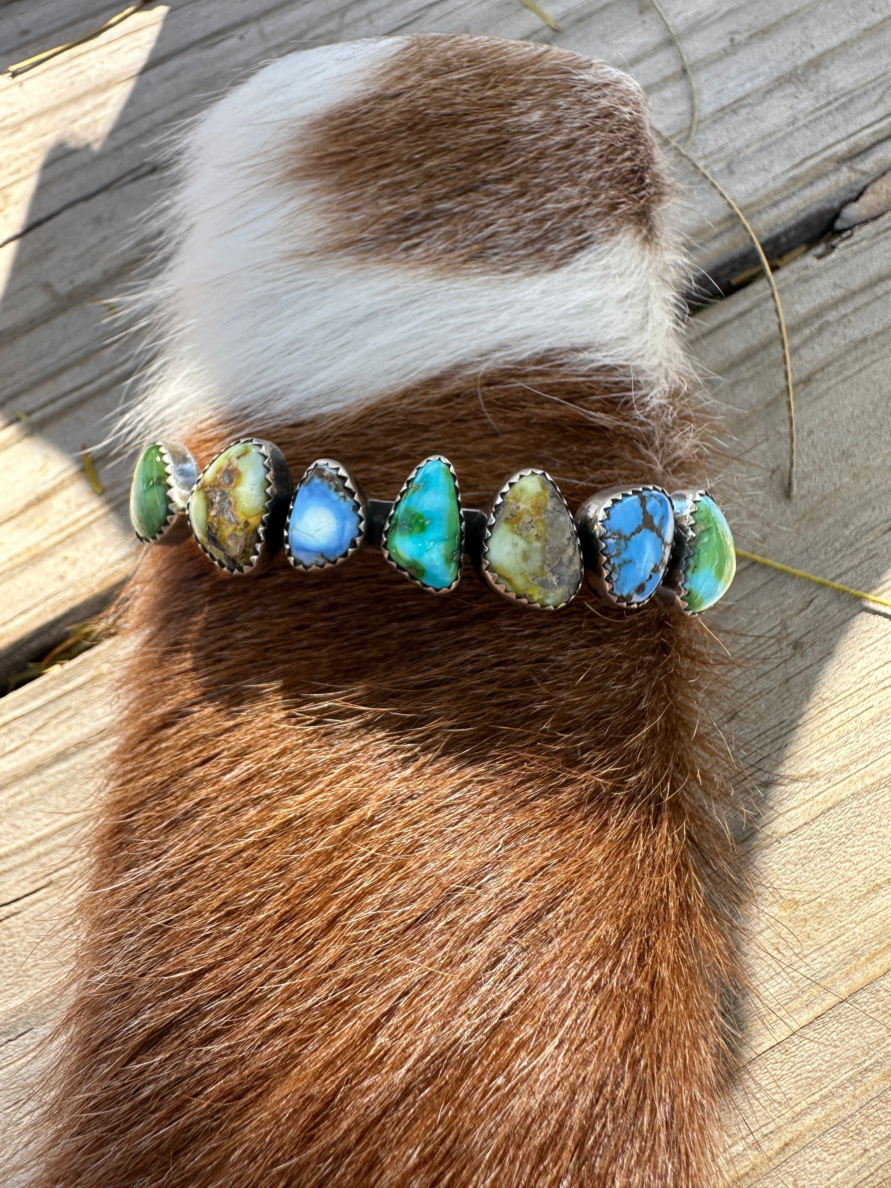 Handmade Sonoran Mountain Turquoise, Palomino Turquoise, Golden Hills Turquoise & Sterling Silver Cuff Bracelet