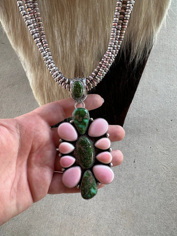 Stunning Navajo Pink Conch & Turquoise Necklace - Artisan Design