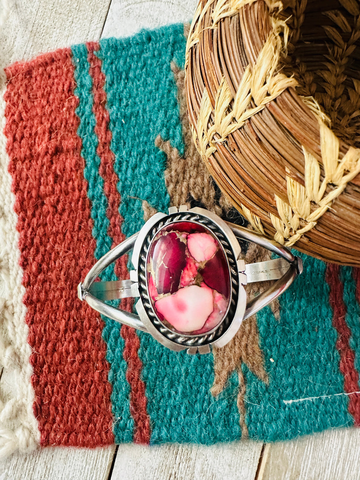Navajo Sterling Silver & Rose Dahlia Cuff Bracelet