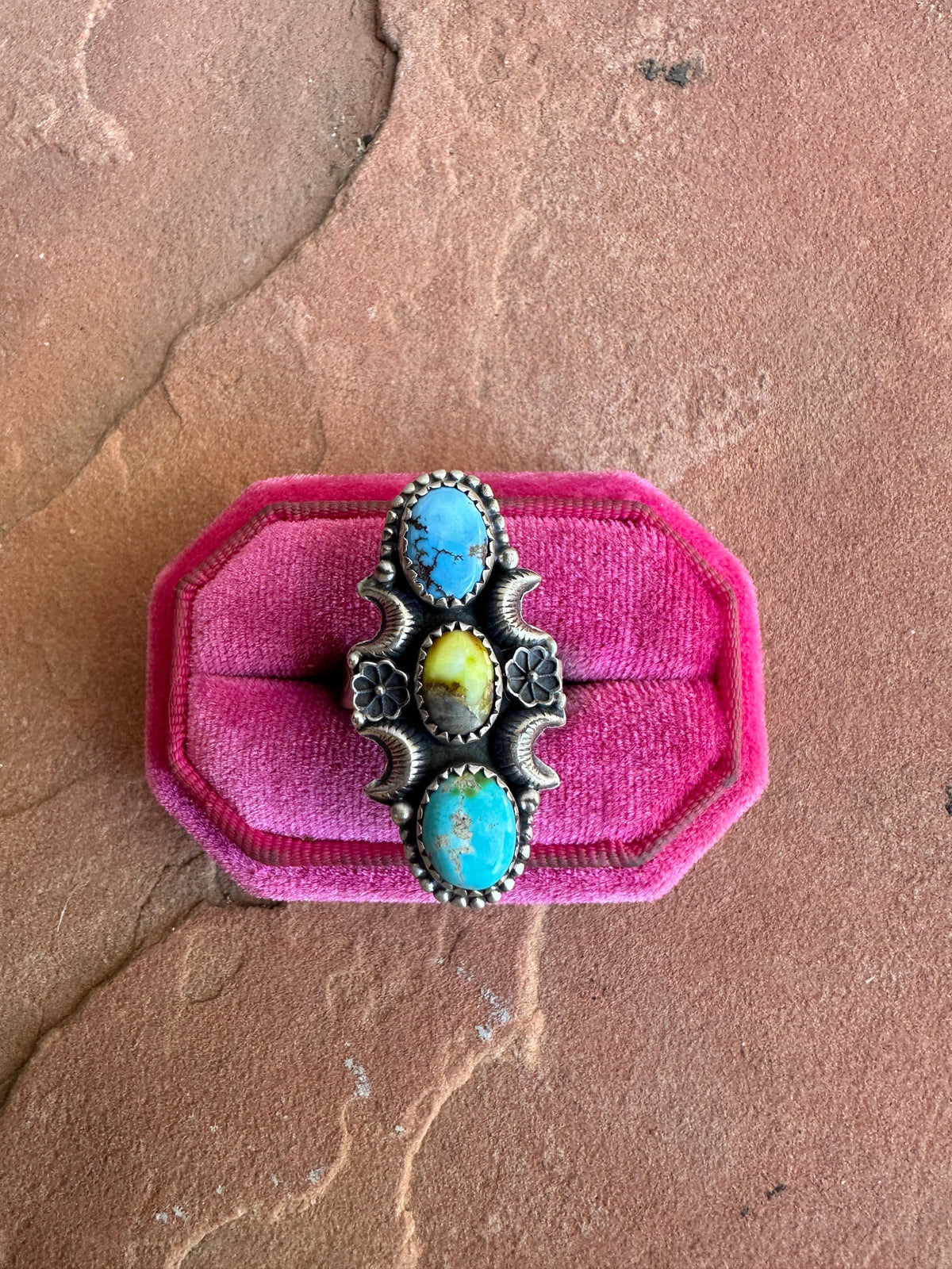 Beautiful Handmade Golden Hills Turquoise, Palomino Turquoise, Sonoran Mountain Turquoise And Sterling Silver Adjustable Ring