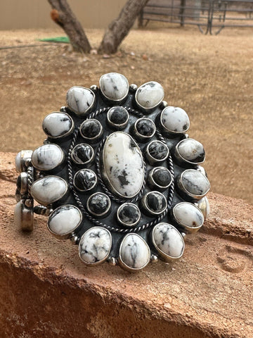 Navajo White Buffalo & Sterling Silver Cluster Cuff Bracelet