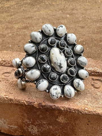 Navajo White Buffalo & Sterling Silver Cluster Cuff Bracelet