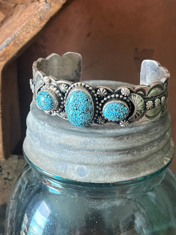 Navajo Sterling Silver and Spiderweb Kingman Turquoise Cuff Bracelet by Gilbert Tom