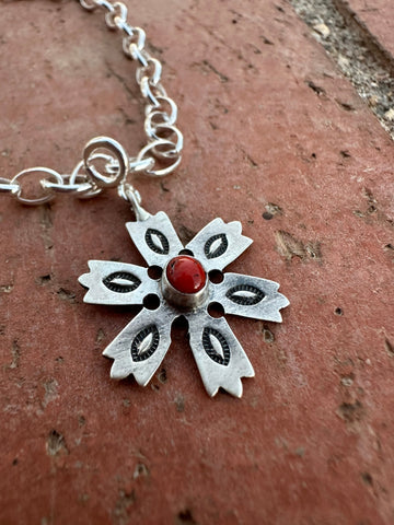 Handmade Sterling Silver and Coral CHRISTMAS SNOWFLAKE Charm