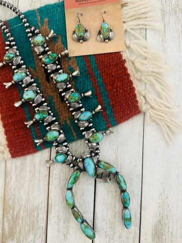 Navajo Sonoran Mountain Turquoise & Sterling Silver Squash Blossom Necklace Set