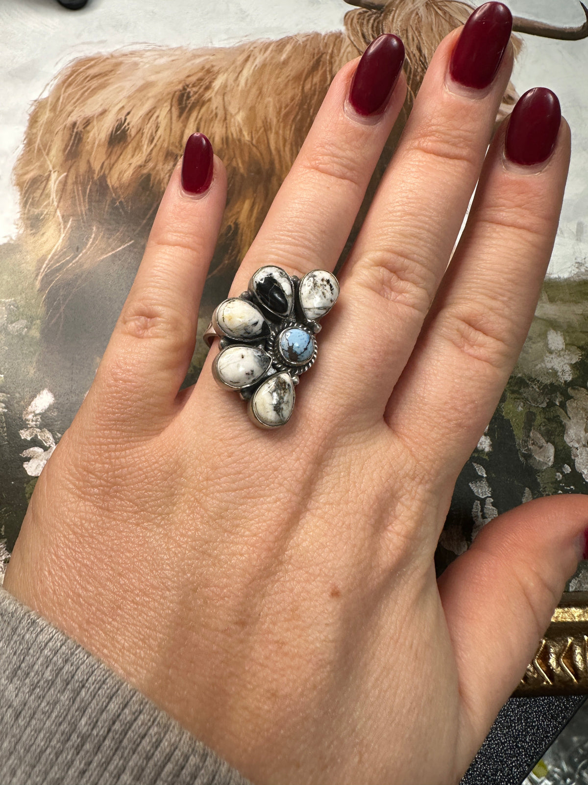 Beautiful Handmade Sterling Silver, Golden Hills Turquoise & White Buffalo Adjustable Crescent Ring