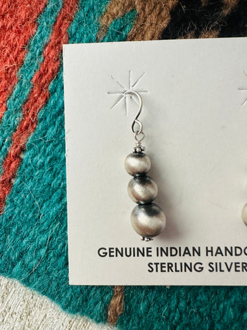 Navajo Graduated Sterling Silver Pearl Beaded Dangle Earrings