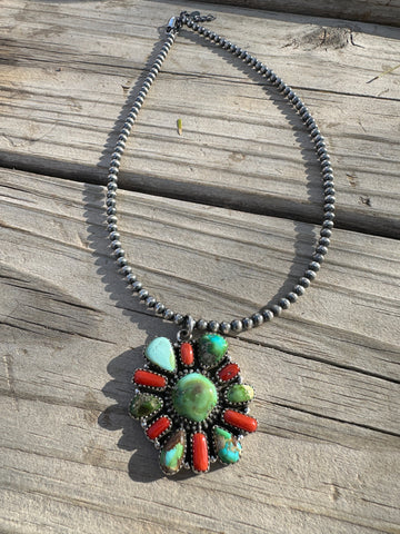 Beautiful Handmade Sterling Silver, Coral & Sonoran Turquoise Beaded Necklace