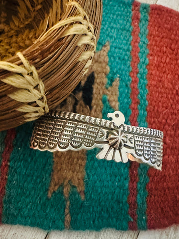 Navajo Hand Stamped Sterling Silver Thunderbird Cuff Bracelet by Darell Carmen