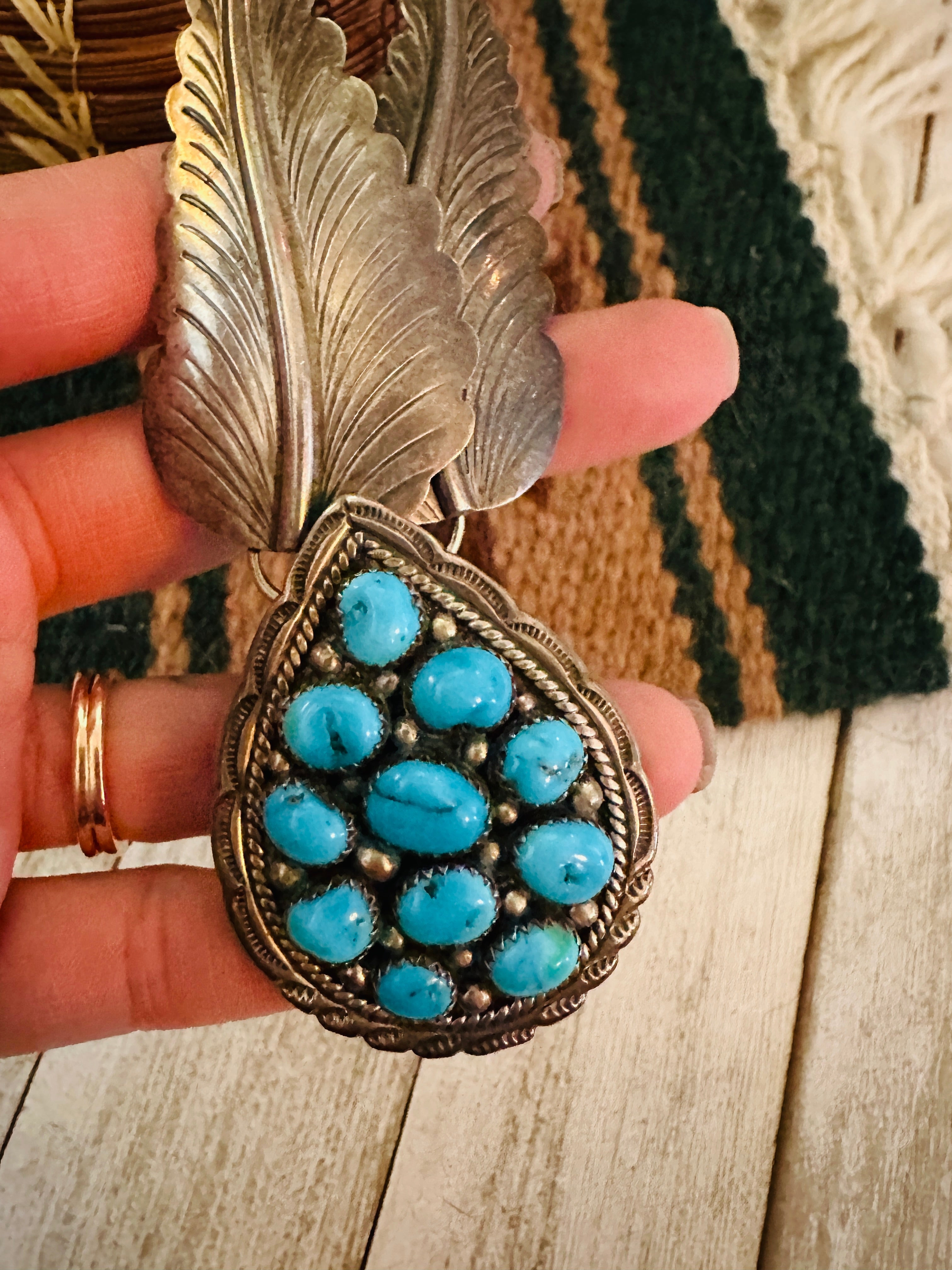 Vintage Old Pawn Navajo Turquoise & Sterling Silver Cluster Necklace