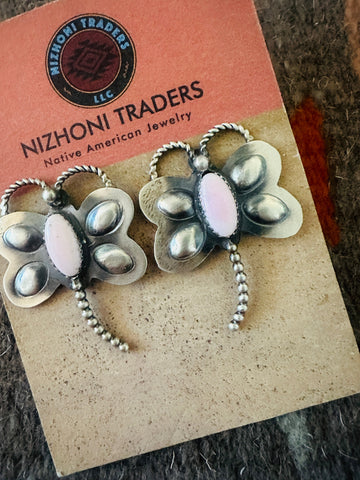 Navajo Queen Pink Conch & Sterling Silver Dragonfly Post Earrings