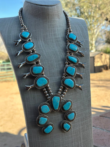 Estate Collection Old Pawn Navajo Turquoise & Sterling Silver Squash Blossom Necklace