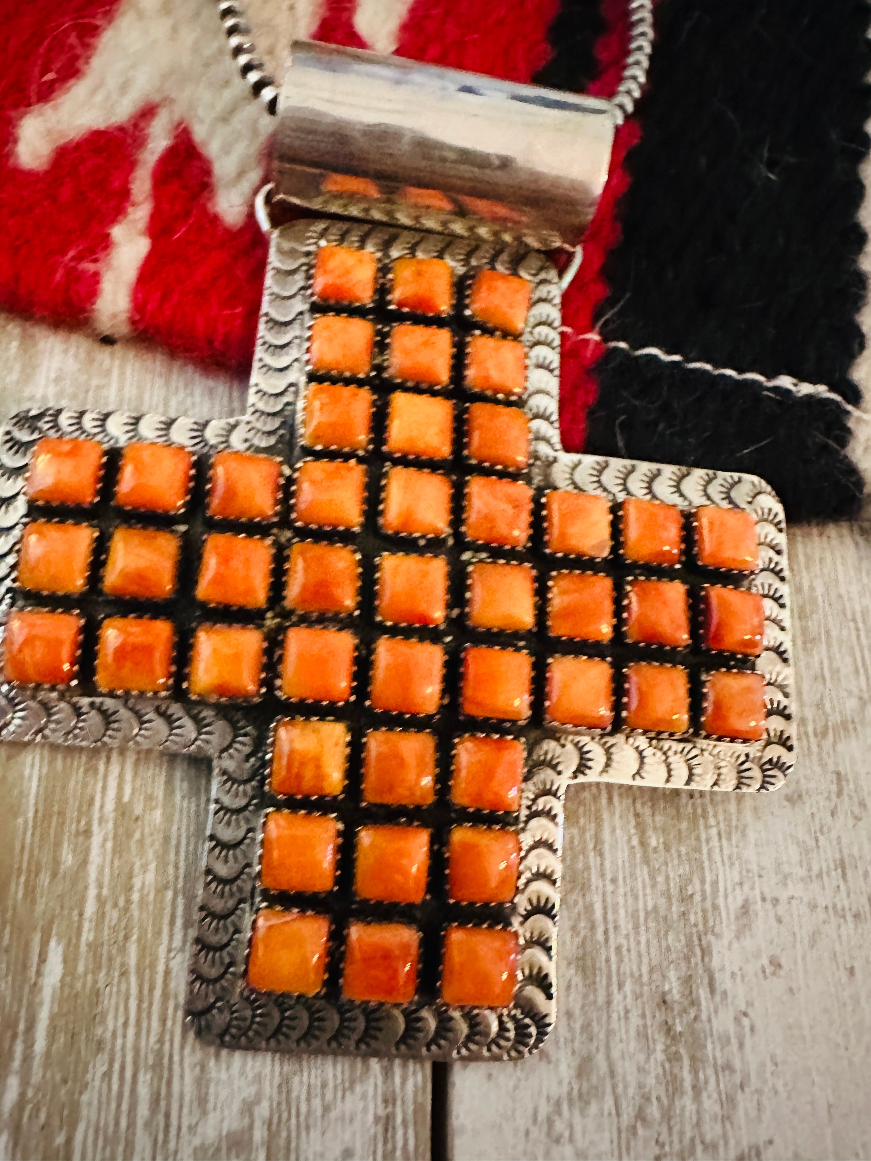 Navajo Sterling Silver & Orange Spiny Cross Pendant by Marcella James