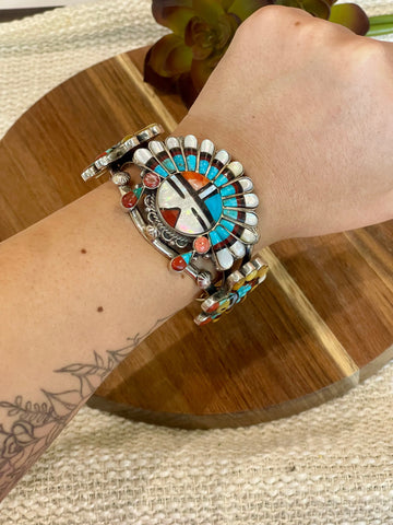 Handmade Sterling Silver & Multistone Sun Face Adjustable  Cuff Bracelet