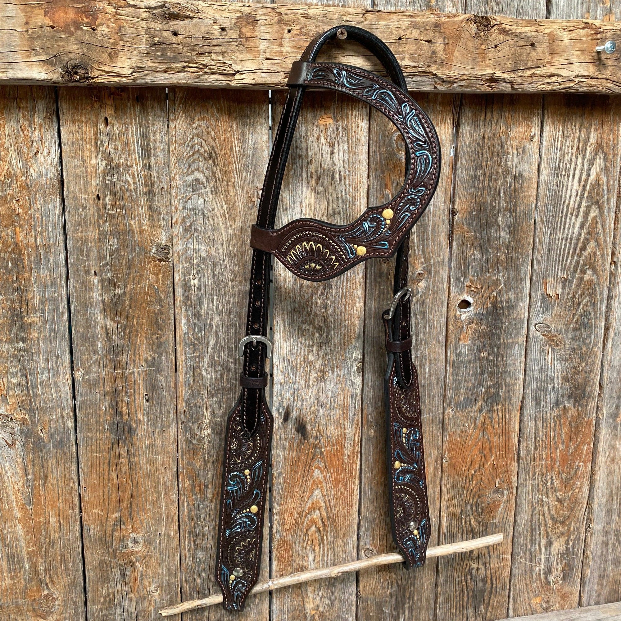 Dark Oil Floral Hand Painted One Ear Headstall / Bridle 