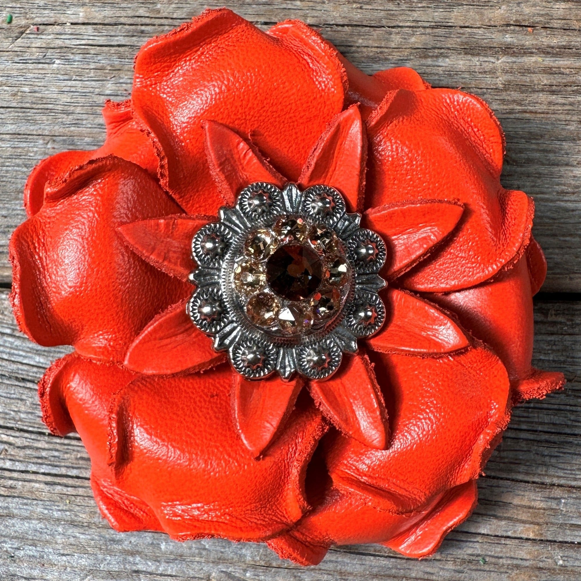 Bright Orange Gardenia Leather Flowers - 1&quot; Crystal Conchos - Options
