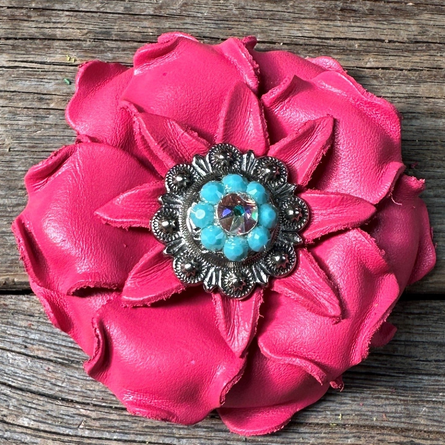 Bright Pink Gardenia Leather Flowers - 1&quot; Crystal Conchos - Options