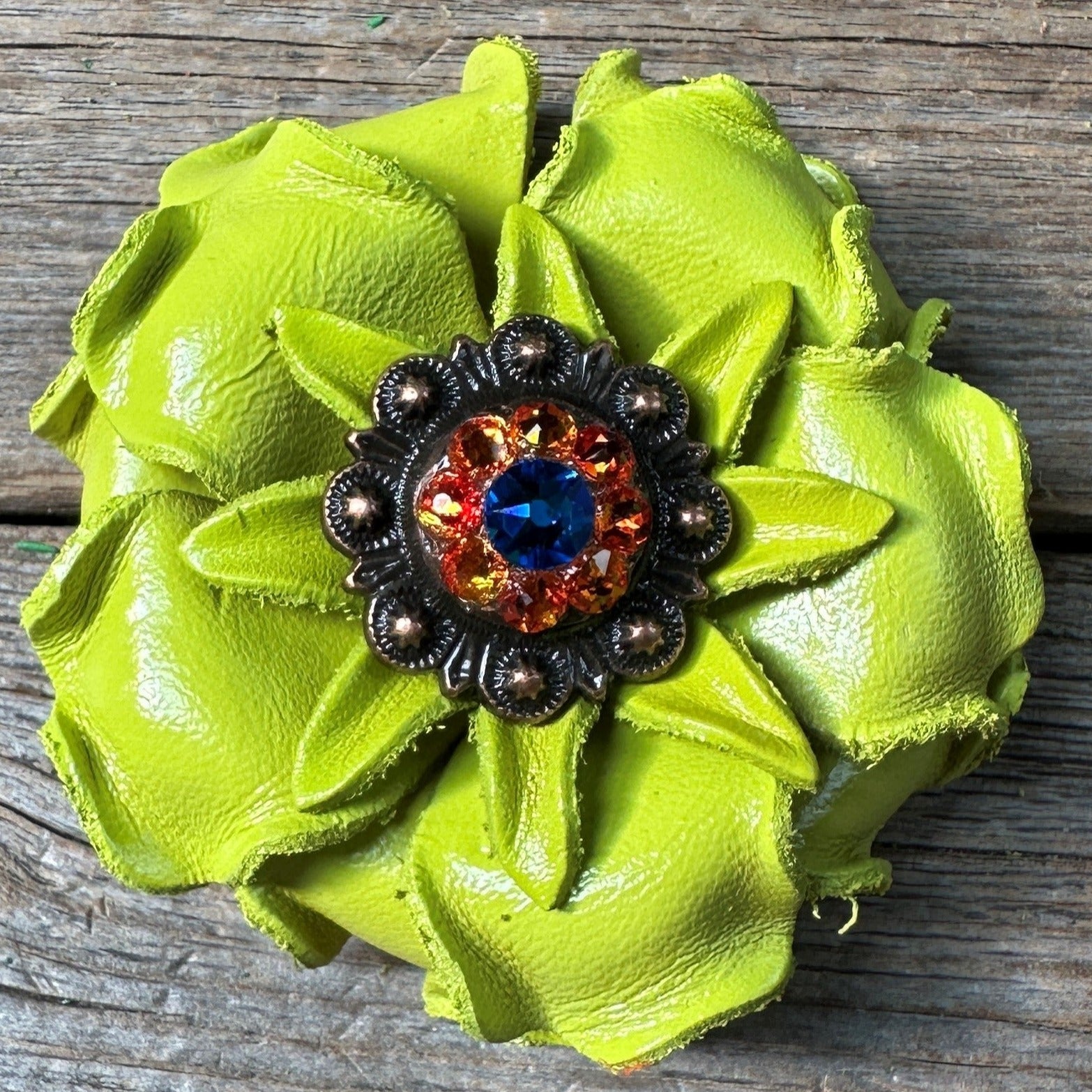 Lime Gardenia Leather Flowers - 1&quot; Crystal Conchos - Options
