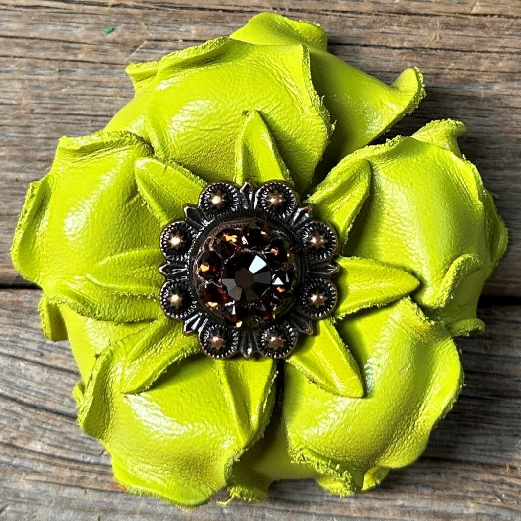 Lime Gardenia Leather Flowers - 1&quot; Crystal Conchos - Options