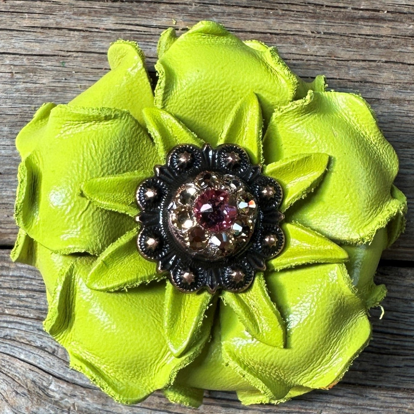 Lime Gardenia Leather Flowers - 1&quot; Crystal Conchos - Options